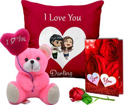 Avirons Artificial Flower, Cushion, Greeting Card, Soft Toy Gift Set