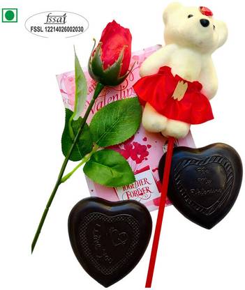 TT Valentine gift 2 heart chocolates, teddy stick with a red rose & greeting card Assorted Gift Box