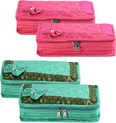 KUBER INDUSTRIES (Pack of 4) 7-Compartments Bow Jewellery Kit For Women | Large | Green & Pink Jewellery Kit Vanity Box