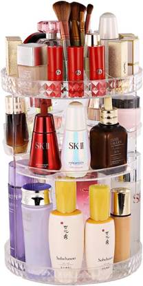 FLIPXEN Makeup Organizer 360-Degree Rotating Cosmetic Storage Box, DIY Adjustable Large Capacity Cosmetics Display Case Makeup Shelf with Diamond Pattern Vanity Box