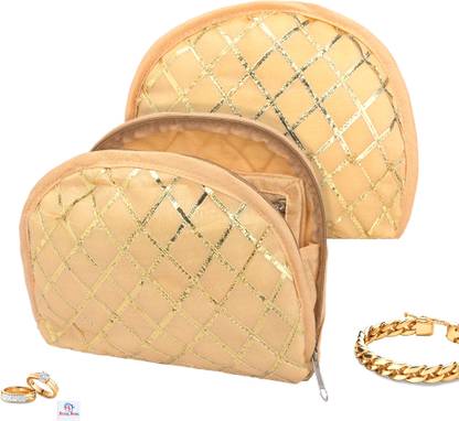 Heart Home 2 Pcs Polyester Jewellery Kit with 4 Transparent Pouches | Check Gota D Print Makeup and Jewellery Vanity Box
