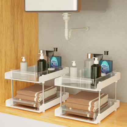 KUBER INDUSTRIES 2 Pcs Clear Sliding 2-Layer Makeup Drawer Storage Organizer Box\Stand | White Storage Organizer Box Vanity Box