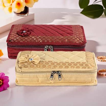 KUBER INDUSTRIES (Pack of 2) 7-Compartments Bow Jewellery Kit For Women | Large | Golden & Maroon Jewellery Kit Vanity Box
