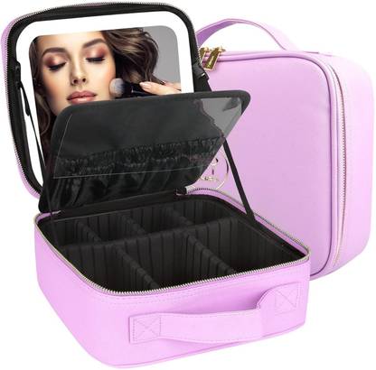 SONGMICS Travel Makeup Case with LED Light Mirror, Portable Waterproof Makeup Bag Cosmetic Organizer Vanity Box