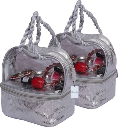 HOMESTIC Laminated Double Layer Choti Pattern Makeup kit with Handle|Pack of 2|Silver Jewellery Vanity Box
