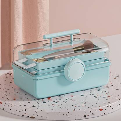 KREPS Blue Color First Aid Organizer Box Transparent 3-Tier Fold Tray Makeup Brush, Lipstick, Eyeliner, Nail Polish Storage Vanity Box