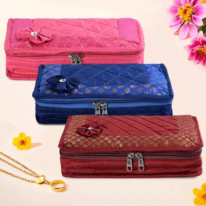 KUBER INDUSTRIES (Pack of 3) Large 7-Pouch Bow Jewellery Kit For Women | Maroon, Blue & Pink Jewellery Kit Vanity Box