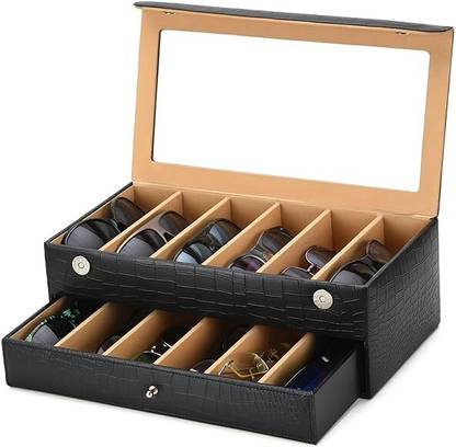 Zealot Croco-Finish Faux Leather Double Sunglasses Organizer with Transparent Display Magnetic Closure, Transparent lid, Double Storey, 12 Slots Vanity Box