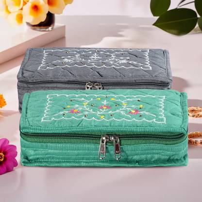 KUBER INDUSTRIES (Pack of 2) 7-Compartments Embroidery Jewellery Kit For Women | Grey & Green Jewellery Kit Vanity Box