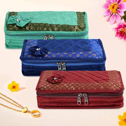 KUBER INDUSTRIES (Pack of 3) Large 7-Pouch Bow Jewellery Kit For Women | Maroon, Blue & Green Jewellery Kit Vanity Box