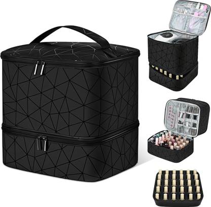 maycreate Travel Nail Polish Organizer Bag PU Makeup Double Layer Zipper for 30 Bottles Multi Purpose Vanity Box