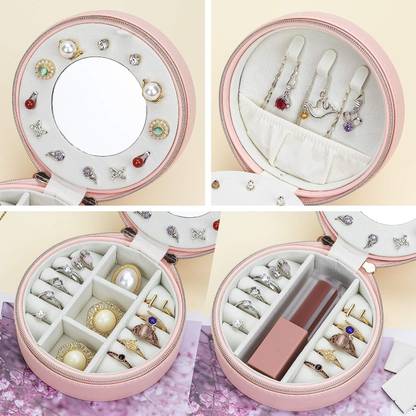 JBM ENTERPRISE Round Mini PU Leather Small Mirror Jewelry Box, Organizer Storage Holder Box Makeup, jewelry Vanity Box