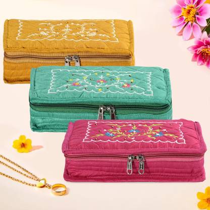 KUBER INDUSTRIES Pack of 3 Embroidery 7 Pouch Jewellery Kit For Women | Yellow, Dark Pink & Green Jewellery Kit Vanity Box