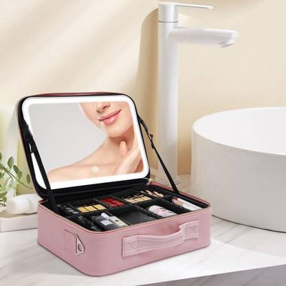 OLTR Makeup Organizer Box with LED Mirror| Travel Cosmetic Storage Case & Touch Light Makeup Storage Organizer, Built-in LED Mirror Vanity Box