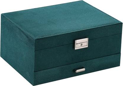 BUCKETLIST ®Vintage Green Flannel 3Layers Large Capacity Retro Velvet Storage Box with Lock for Earrings, Necklaces, Bracelets, Rings and Watches Vanity Box
