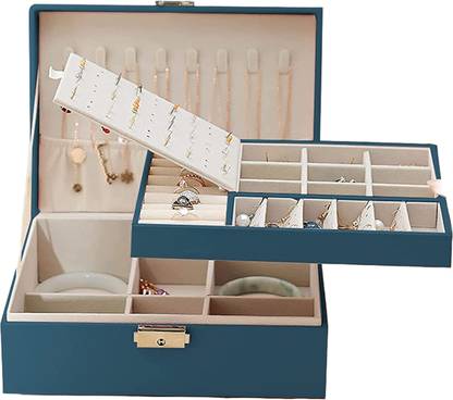 FosCadit Double-Layer Leather Jewellery Box Ear Stud Earrings Ornament Storage Box Multi-Function Large Jewelry Box Vanity Box