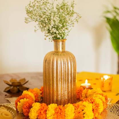 10club Fluted Glass Vase | Metallic Finish - Gold | Home Decor for Flowers Glass Vase