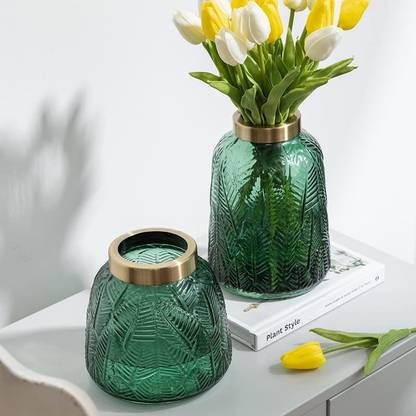 Samara Home Decorative Green Glass Vases for Home Decor| Set of 2 Glass Vase