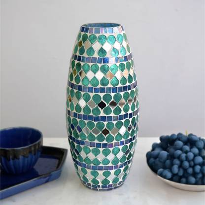 Casa Kriti Teal Mirage Mosaic Glass Flower Vase Glass Vase