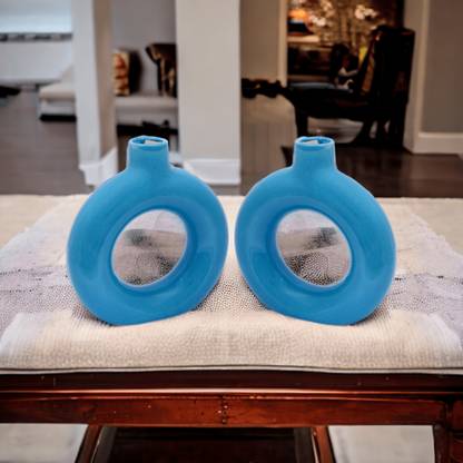 RAFOLEEN Rafoleen Ceramic Blue Color 6-Inch Solid Print Donut Shape Vase Ceramic Vase