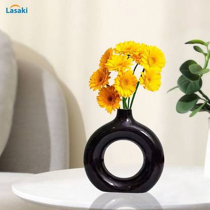 THEAMPETHAPARA Black Ceramic Donut Vase Elegant Pampas Grass Vase Plant Container Set