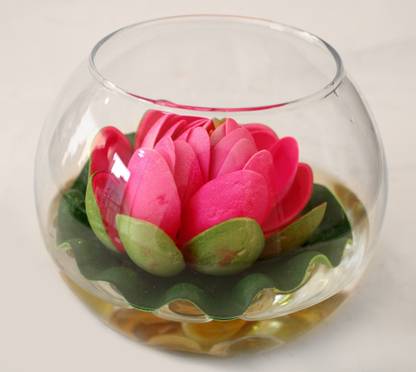 TIED RIBBONS Round glass vessel with faux Lotus and natural stones Flower Vases for Home Décor With Flowers Iron Vase