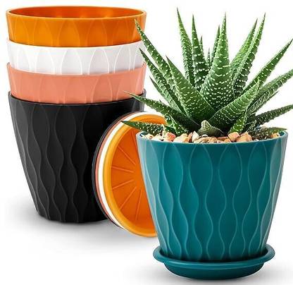 SGE Stylish Decorative Planter Pot Set with Saucer Plastic Vase