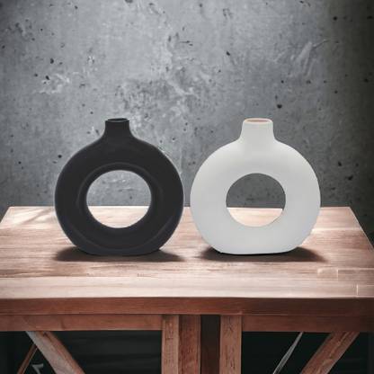 RAFOLEEN Rafoleen Ceramic Black & White Color Solid Print Donut Shape Vases Ceramic Vase