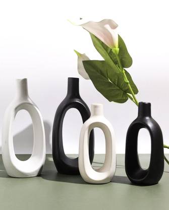 VIBHSA Designer Shape Vase for Home Decor, Living Room Decorative Vase Set of 4 Ceramic Vase