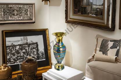MOZO HUB MOZO HUB Brass Hand Crafted Jar pattern Sky Blue Flower Vase 30 cm Brass Vase