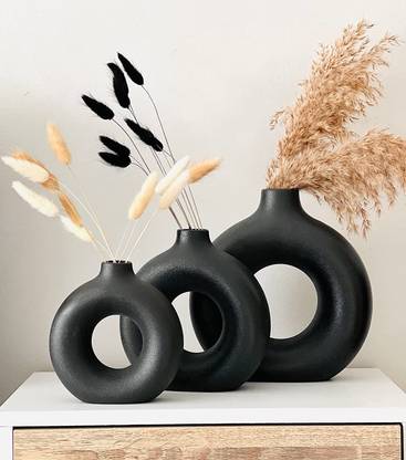 Ceramic Shop Black Ring Vase | Flower Vase | Pampas Grass Vase | Set Of 3 (8,6,4) Ceramic Vase