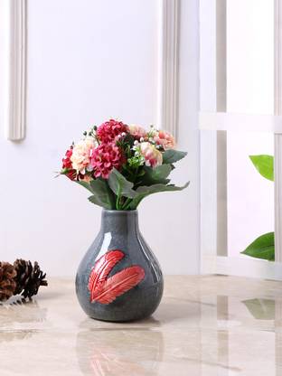 TAYHAA Grey Vintage Style Vase With Feather Design Ceramic Vase