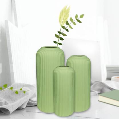 TheKraftLane 'Green Flute Vase' | Decorative Flute Vase for Dried Flowers - Set of 3 Ceramic Vase