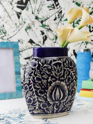 VarEesha Blue Mughal Ceramic Flat Vase Ceramic Vase