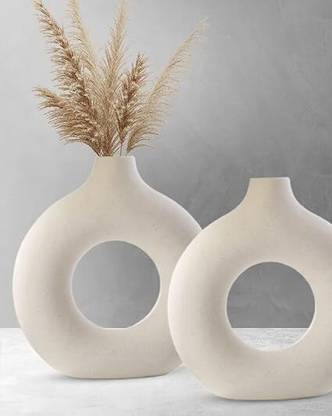 Asian ceramic White Ceramic Donut Vase with Pampas Grass Decor - Round Shaped Flower Vase Ceramic Vase