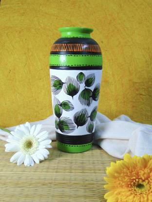 Dakshina Art 'hand-painted' peacock feather 10 inch Terracotta Vase