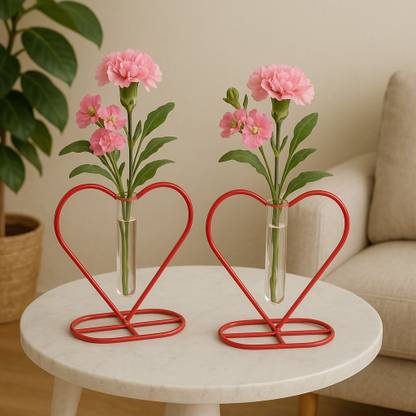 Bloomery Heart-Shaped Test Tube Flower Vase Set – Modern Metal Stand with Glass Tube Glass, Iron Vase