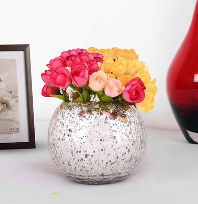 TIED RIBBONS Faux Yellow and White Rose Flowers with Mercury Glass Vase for Home Decor, Center Table, Bedroom, Side Corners, Living Room Décor Glass Vase
