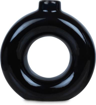 AMHSUS Modern Donut Ceramic Flower Vase for Home Decor Black Ceramic Vase  (6 inch, Black)
