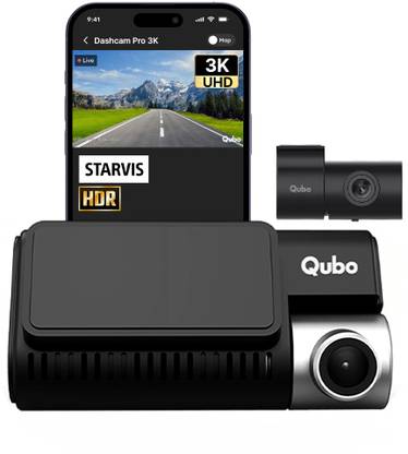 Qubo Smart Dashcam Pro 3K + Rear| 5MP & 2MP| Sony STARVIS| NightPulse Vision|3.2LCD In-car Camera System