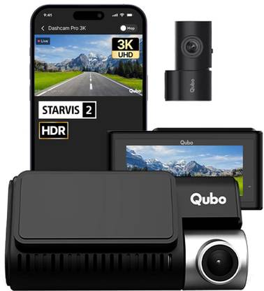 Qubo Smart Dashcam Pro 3K+Rear| Sony STARVIS 2| 5MP&2MP| NightPulse Vision| 3.2LCD In-car Camera System