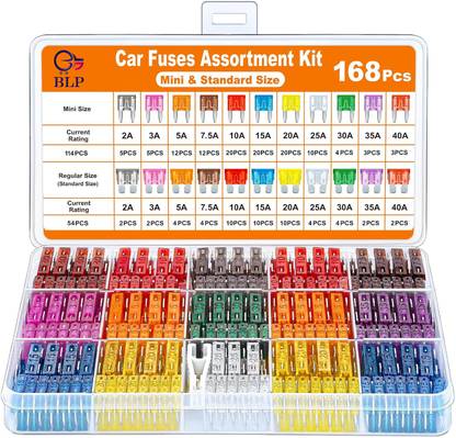 BLP 160Pcs Car Fuse Kit - 114 Mini + 64 Standard Blade Fuses + 2 Pullers Car Fuse Box