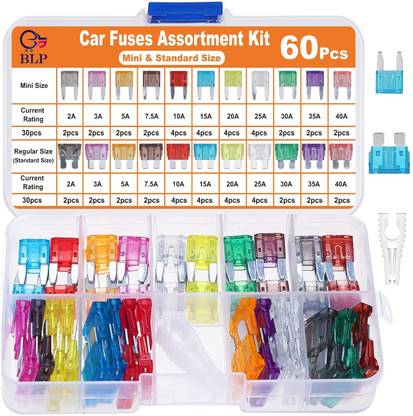 BLP 60Pcs Mini & Standard Fuse Kit - 30 Mini + 30 Standard + Puller (2A-40A) Car Fuse Box