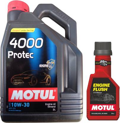 MOTUL 4000 Protec 10W30 Engine Oil For Car - 3 L With Engine Flush 250ml 10W30 Full-Synthetic Engine Oil