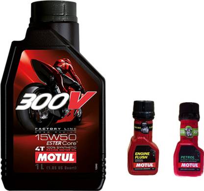 MOTUL 300V 4T 15W-50(1liter)+Engine flush(50ml)+Petrol system clean(50ml)combo Full-Synthetic Engine Oil