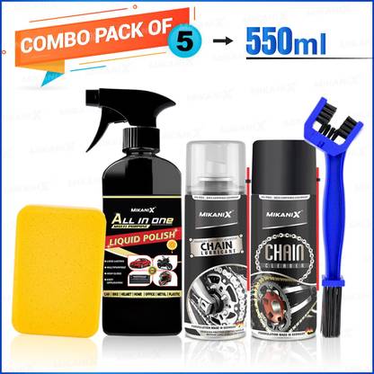 MIKANIX Combo Of Chain Lubricant + Chain Cleaner + Bike & Car Polish With Cleaning Brush Cleans | Shines & Protects Chain | Car Dashboard Interior & Exterior Cleaning | Chain Oil
