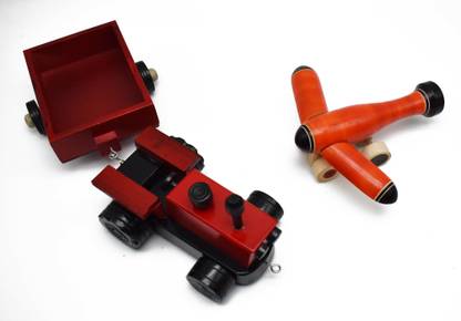 justhandmade Wooden Aeroplane | Tractor With Trolley Colors May Vary(Combo of 2)