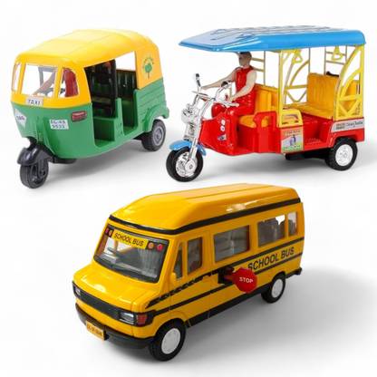 SABIRAT School Bus, CNG Auto & E Rickshaw Combo For Kids, Pull Back, Durable Quality