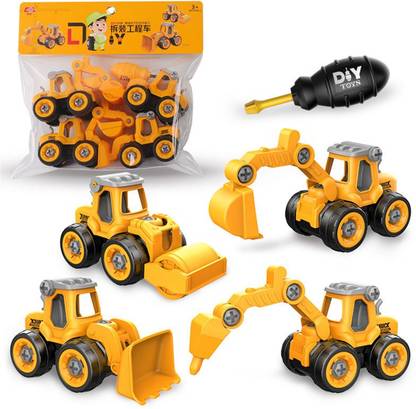 DEZIINE 4 in 1 Construction Toy Vehicle Excavator Bulldozer Backhole Car Play Set