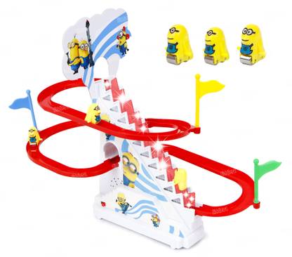 FIDDLERZ Stair Climbing Race Track Slide Toy for Kid 3 Cartoon & 3 Flag Set Escalator Toy